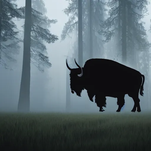 Prompt: a colossal giant bison in the clearing of a foreboding, misty forest. silhouette. atmospheric volumetric fog. digital matte painting. the bison has glowing red eyes.