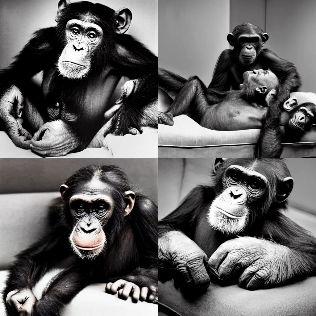 Prompt: a photograph of a chimpanzee lying on his therapists couch, the therapist is also a chimp looking like Sigmund Freud, psychoanalysis, therapy, photo