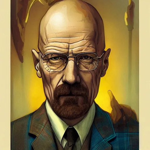 Image similar to a highly detailed portrait of walter white in the style of charles dana gibson and in the style of peter mohrbacher. glowing rune of magical power.