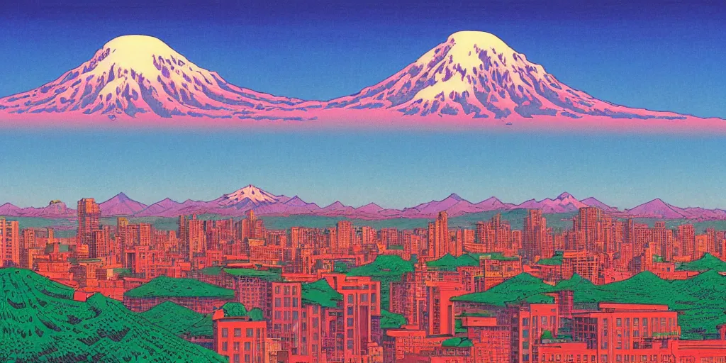 Image similar to skyline of a large metropolis, mount rainier looming in the background, acid and dreaming psychedelic hallucinations, by kawase hasui, moebius and edward hopper, hd, 8 k, artstation, sharp focus, smooth, masterpiece