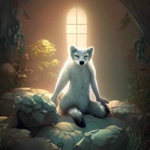 Image similar to elegant anthropomorphic arctic fox butler!!! by artgerm, victo ngai, ryohei hase, artstation, highly detailed digital painting, smooth, global illumination, fantasy art by greg rutkowsky, karl spitzweg