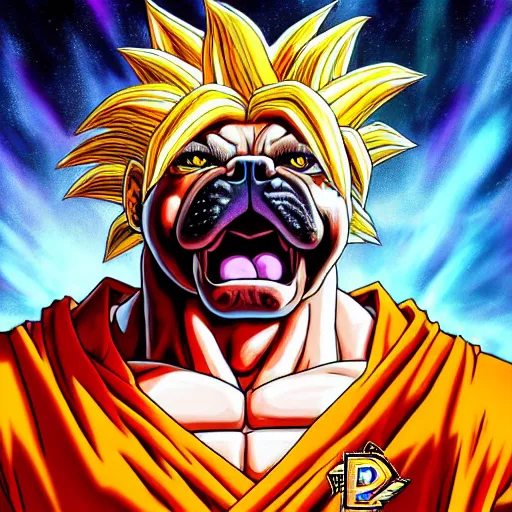 Image similar to ultra realistic portrait painting of a bulldog as super saiyan goku, art by akira toriyama, 4 k, dragon ball artstyle, cel shaded, highly detailed, epic lighting