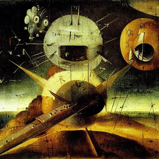 Image similar to A painting of a spaceship burning as it enters Earth's atmosphere, Hieronymus Bosch, sharp, colorful, detailed