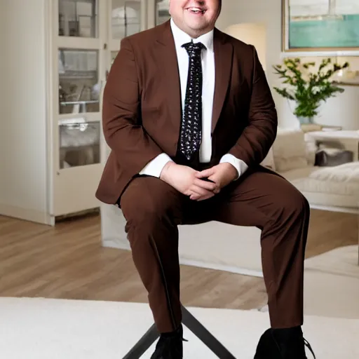 Image similar to A smiling chubby white clean-shaven man dressed in a chocolate brown suit and necktie is sitting on a stool. Realistic