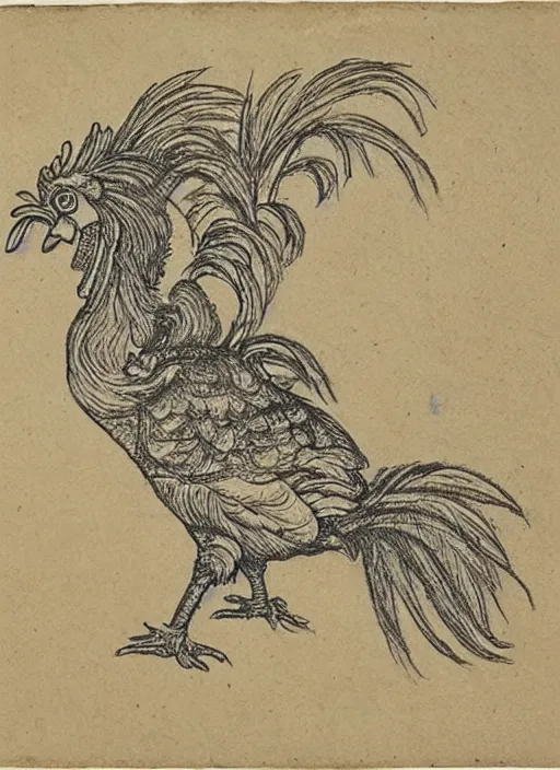 Prompt: a detailed, intricate drawing on parchment with white highlights of a rooster on a beach, by albrecht durer
