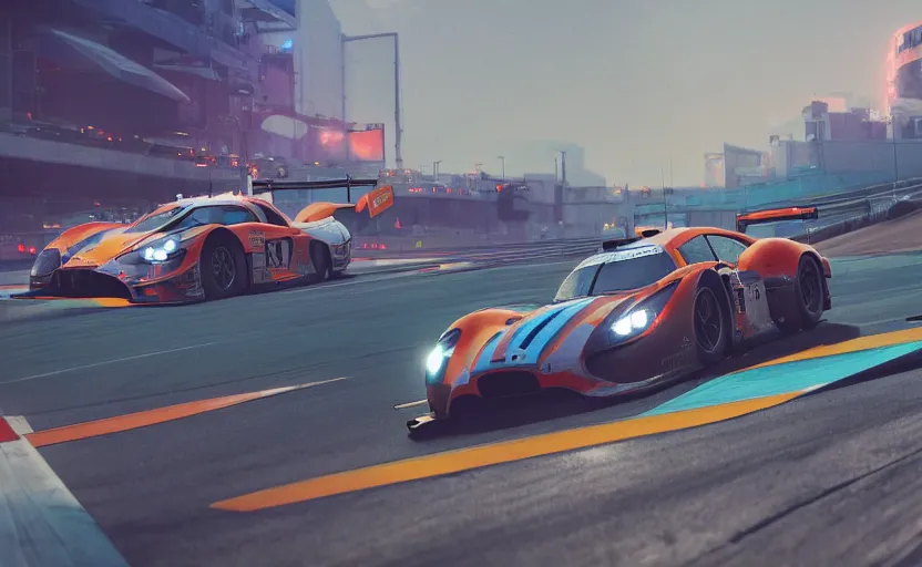 Image similar to LeMans Racecars racing, high movement photography, rendered by Beeple, Berkey, John, Makoto Shinkai, syd meade, simon stålenhag, synthwave style, environment concept, digital art, unreal engine, WLOP, trending on artstation, 4K UHD image, octane render,