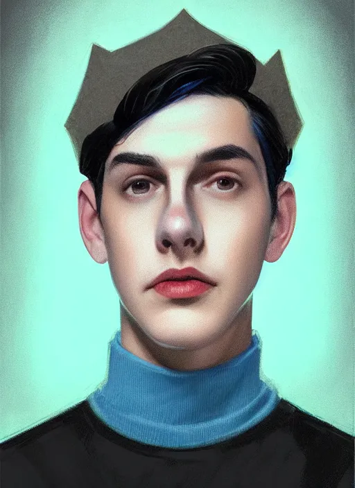 Image similar to portrait of teenage jughead jones wearing a light grey crown, crown, blue turtleneck, 1 9 5 0 s, closed eyes, photorealistic, black hair, glowing lighting, intricate, elegant, glowing lights, highly detailed, digital painting, artstation, concept art, smooth, sharp focus, illustration, art by wlop, mars ravelo and greg rutkowski