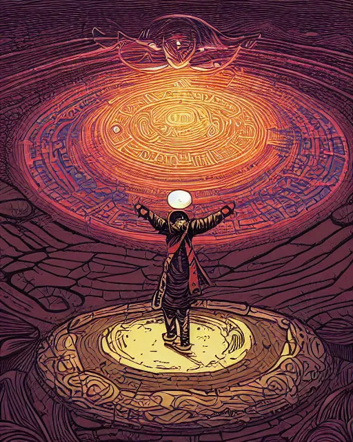 Prompt: a druid standing in a circle at the beginning of the world by dan mumford