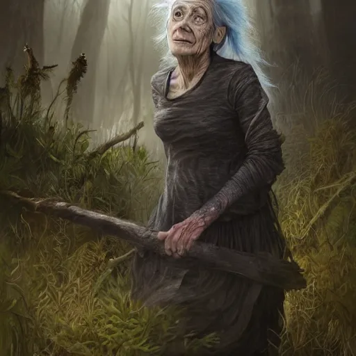 Image similar to fantasy portrait of an emaciated yet energetic old woman with silky, cloudy grey hair, black scars on her face, swamp vegetation in the background, nocturnal palette, art by greg rutowski, raphael lacoste, eddie mendoza, artgerm, trending on artstation