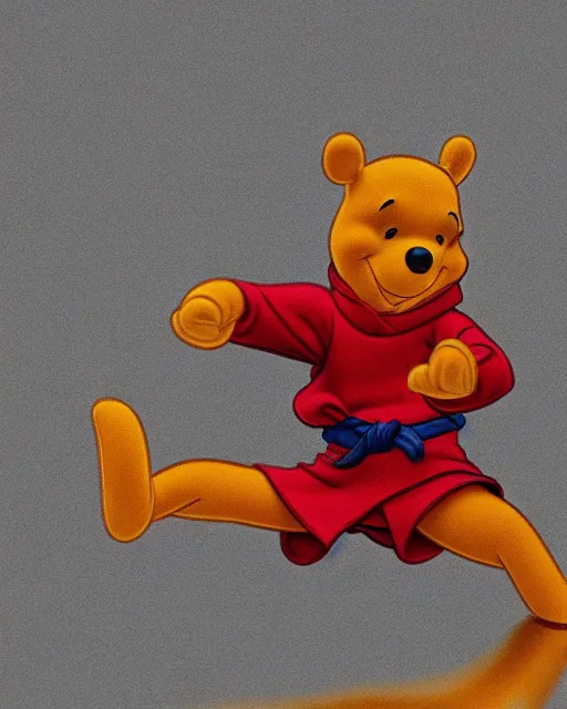 Image similar to Winnie the Pooh practicing karate at the Shaolin temple, photorealistic, studio lighting, photographed in the style of Annie Leibovitz, photorealistic, trending on artstation