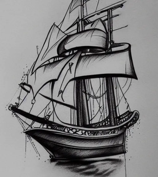 Prompt: A realistic black and white tattoo design sketch of a pirate ship, highly detailed tattoo, shaded tattoo, hyper realistic tattoo