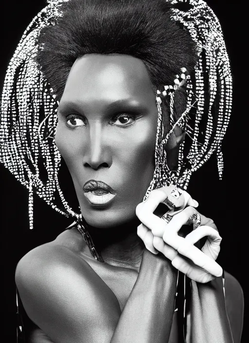 Image similar to grace jones styled by nick knight posing, set pieces, intricate set, vogue magazine, canon, highly realistic. high resolution. highly detailed. dramatic. 8 k. 4 k.