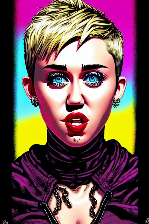 Prompt: a portrait of miley cyrus, drawn by robbie trevino and dan mumford, poster, digital art, comic art, concept art,, single head, no double head,