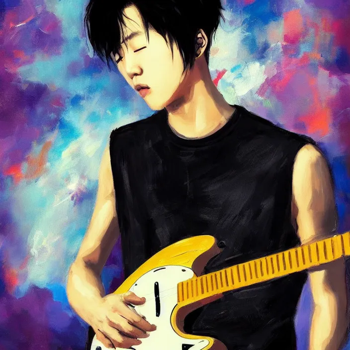 Image similar to a young korean male musician wearing black tank top holding a telecaster!!! electric guitar!! explodes in thick flowing dramatic brush strokes, matte colors, abstract, impressionist, motion, trending on artstation