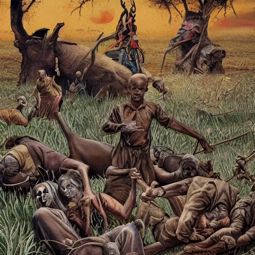 Prompt: painting of the 1984 famine and drought in Ethiopia, marvel comics, dark, intricate, highly detailed, smooth, artstation, digital illustration by Matt Lombardi