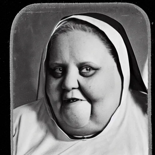 Image similar to antique photograph of an evil catholic nun, cracked and faded photo paper, morbidly obese, crazy eyes wide open, horror, staring at the camera, headshot, dark background, low light, dark