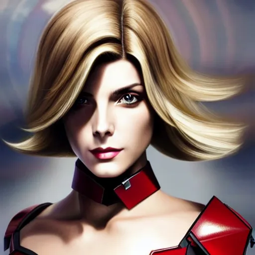 Image similar to A combination of Ashley Greene's and Ada Wong's and Grace Kelly's appearances with blonde hair wearing Forerunner armor from Halo, high tech, action shot, angular, full body portrait, futuristic, dramatic, fantasy, intricate, elegant, highly detailed, artstation, matte, sharp focus, 8K, art by Artgerm and Greg Rutkowski and Alphonse Mucha