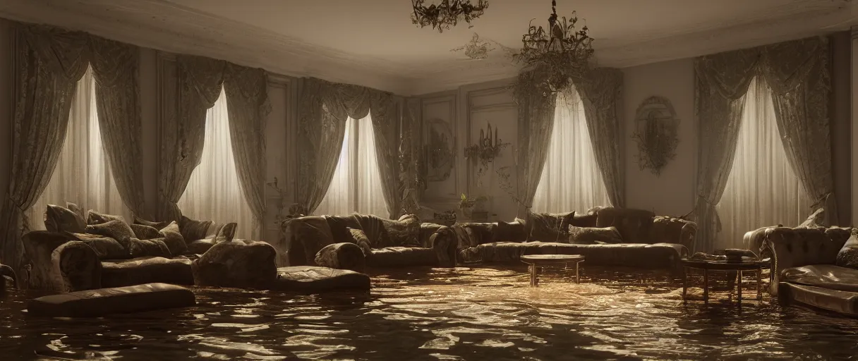 Image similar to decorative empty victorian livingroom flooded with water, octane render, 8k, artstation, concept art, smooth, sharp focus