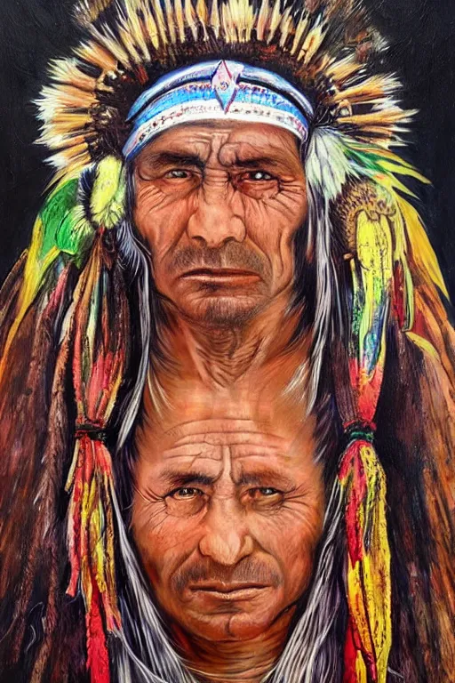 Image similar to Portrait Paintings of a South American Shaman in the style of Luis Tamani, amazing detail, photorealistic, lots of wow,