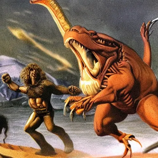 Image similar to color photo of T Rex dinosaur attacking cavemen.