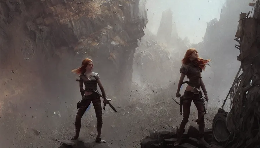 Image similar to a highly detailed epic cinematic concept art CG render digital painting artwork: Emma Stone and Sadie Sink back to back in an action scene. By Greg Rutkowski, Ilya Kuvshinov, WLOP, Stanley Artgerm Lau, Ruan Jia and Fenghua Zhong, trending on ArtStation, subtle muted cinematic colors, made in Maya, Blender and Photoshop, octane render, excellent composition, cinematic atmosphere, dynamic dramatic cinematic lighting, precise correct anatomy, aesthetic, very inspirational, arthouse