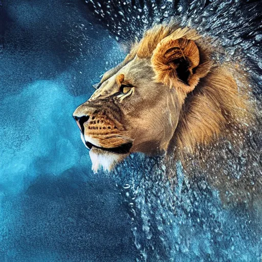 Image similar to a male lion's face breaching through a wall of water, water sprites, splashing, deep blue water color, highly detailed, realistic digital art