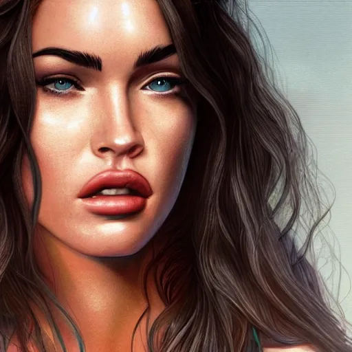 Image similar to megan fox closeup of face as she licks her lips. hyperrealistic portrait, photo realistic, poster, artstation, volumetric lighting, digital art, very detailed face by magali villeneuve