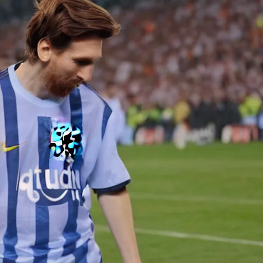 Prompt: blind messi as a blind man selling coupons