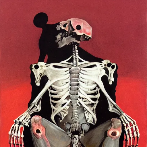 Prompt: A dark figure seated on a Cow skeleton in the desert by Francisco Goya and Francis Bacon, vibrant red background, mythological painting, oil painting, triadic color scheme, very coherent, Figure seated on a throne of marble, whale skeleton, Beksinski painting