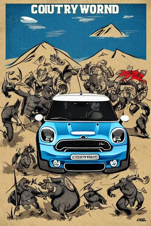 Image similar to “Poster of Blue Mini Cooper Countryman Hybrid with Vikings warriors in a battle. Retro cartoon caricature.”