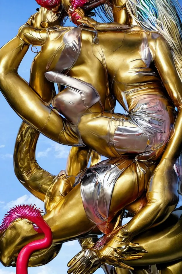 Image similar to an extreme close - up of a statue chrome cyborg lycra nymph with long flowing golden blonde hair wrestling with a giant flamingo, tropical flower plants, thick pigmented smoke, by jeff koons, hajime soryama, boris vallejo, artgerm, greg rutkowski, alphonse mucha