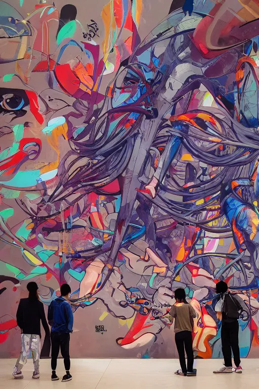 Prompt: people looking at a large graffiti painting in a contemporary museum professional illustration by james jean, painterly, yoshitaka Amano, hiroshi yoshida, moebius, loish, painterly, and artgerm, illustration, backlit, masterpiece, popular on artstation