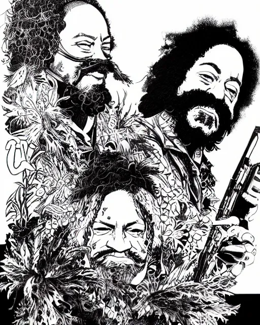 Image similar to portrait of cheech and chong, concept art, sumi - e style, intricate linework, artstation, trending, highly detailed, smooth, focus, art by yoji shinkawa,