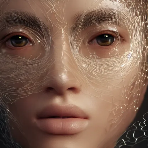 Image similar to intricate highly detailed face portrait of asian - european woman, light mint transparent water vines on her face, intricate, cgsociety, unreal engine, octane render, sharp focus, smooth, volumetric lighting, cinematic composition, artstation c 1 0. 0