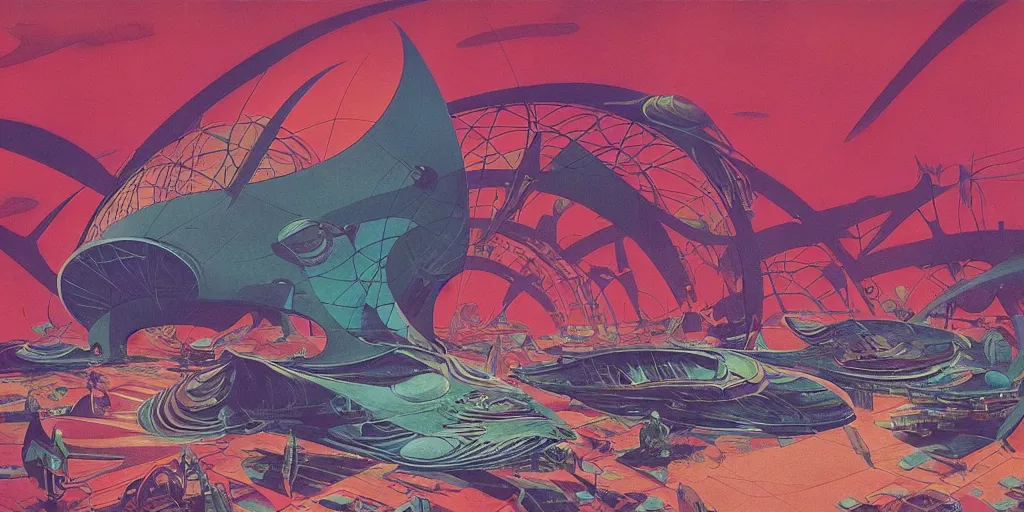 Prompt: 7 0 s colourful afrofuturist biomorphic opart, 6 0 s space age design photography, future retro, manta ray, monster god temple, pascal blanche, dan mcpharlin, roger dean, kilian eng, arthur rackham, beksinski, greg hildebrandt, scifi, 8 k