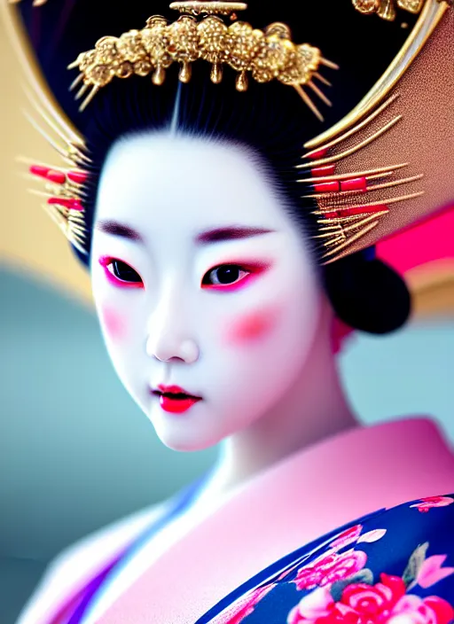 Image similar to Geisha extreme closeup photo portrait, beautiful pale makeup, pearlescent skin, elegant pose, very detailed, highly detailed kimono, photorealism, artstation, different point of view, sharp focus, photorealistic, soft diffuse lights, canon 5D 50 mm lens, zen natural background, def of field