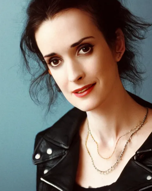 Image similar to headshot of young winona ryder, wearing a black leather jacket, tom waits t - shirt and blue jeans with a belt, photoshoot in the style of annie leibovitz, studio lighting, soft focus, bokeh