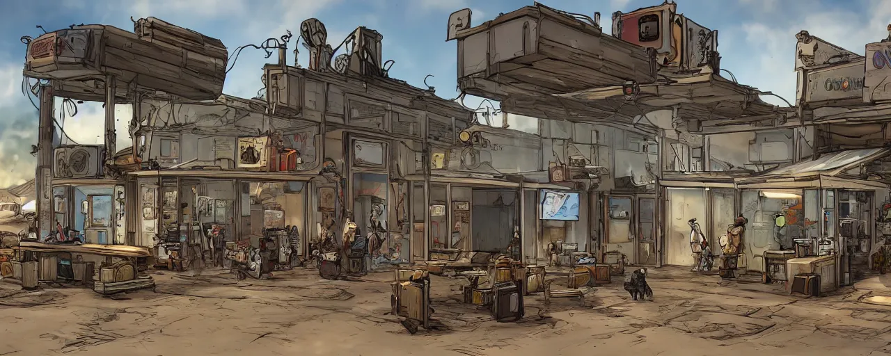 Prompt: wide angle of a cat field clinic from the outside, concept art out of the game borderlands, highly detailed