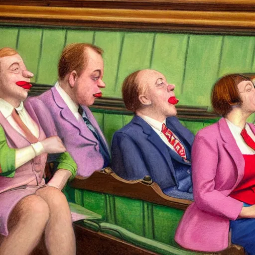 Image similar to a highly detailed beautiful portrait close up art painting of british members of parliament in the house of commons wearing pastel coloured clown costumes with pleasant oversized joyful faces, they are smoking. in the style of edward hopper, richard hamilton. concept art. green leather benches. photographic. concept. crisp digital art. no artefacts. desaturated. high fidelity facial portrait. 8 k