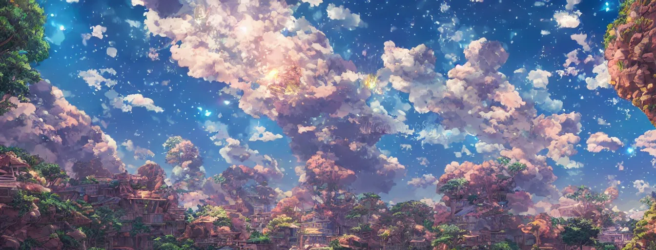 Prompt: rocks meteors hailing from the sky bright and open sky. hyperrealistic anime background illustration by kim jung gi, colorful, extremely detailed intricate linework, smooth, super sharp focus, bright colors, high contrast, matte, octopath traveler, unreal engine 5 highly rendered, global illumination, radiant light