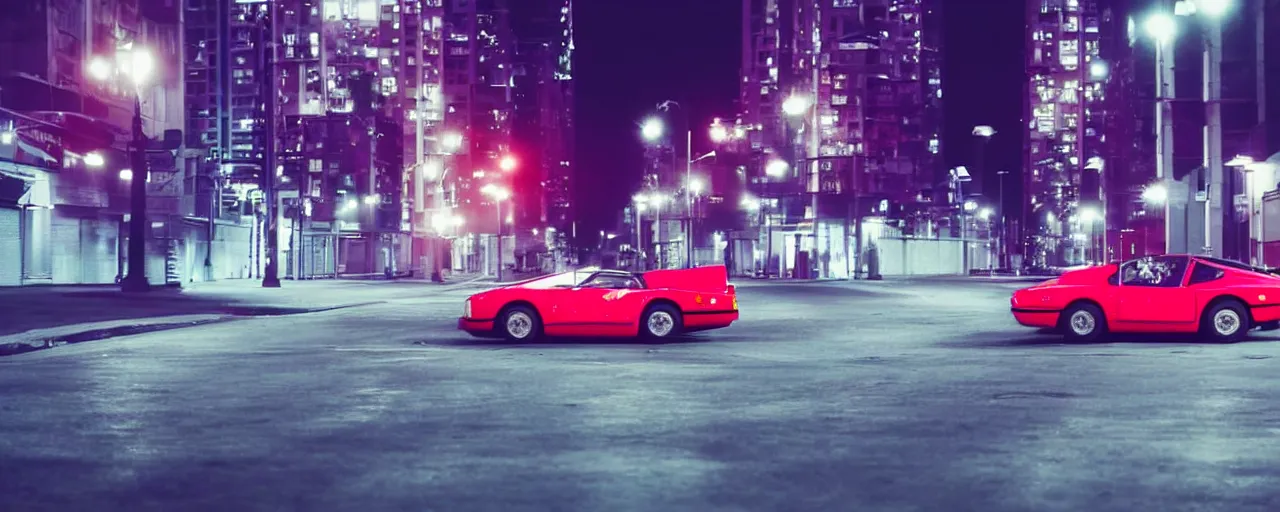 Prompt: 80s red Ferrari sports car, parked on deserted city street at night time, purple lighted street, retro-wave vibes, grainy, soft motion blur, VHS Screencap