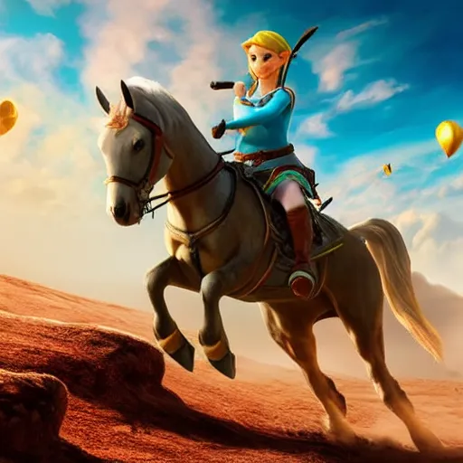 Image similar to close up, zelda riding a horse on moon, detailed realistic face, hyper realistic, 4 k octan render, unreal 5