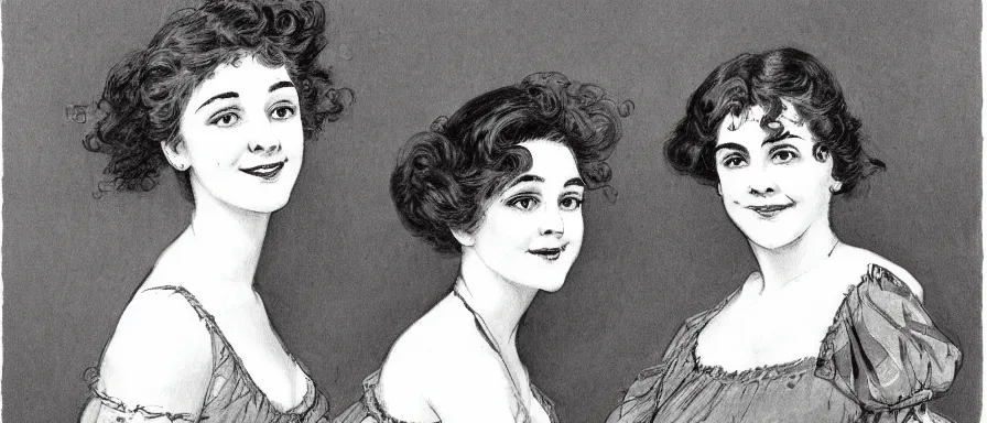 Image similar to three women, happy, smiling, art by Charles Dana Gibson, extremely detailed, beautiful, artstation