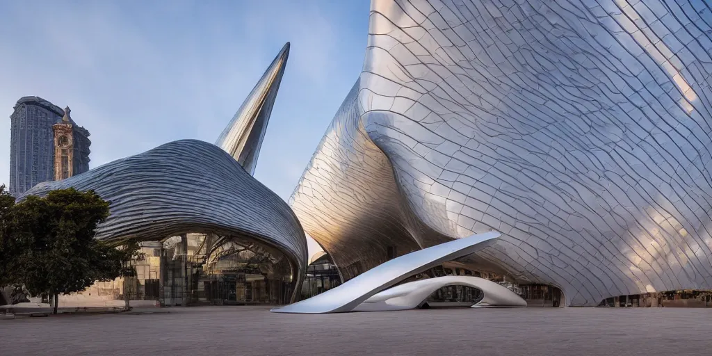 Image similar to extremely elegant smooth detailed stunning sophisticated beautiful elegant futuristic museum exterior by Zaha Hadid, Milan buildings in the background, smooth curvilinear design, stunning volumetric light, stainless steal, concrete, translucent material, beautiful sunset, tail lights