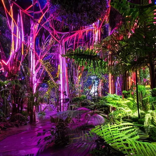 Image similar to a rainforest filled with ancient magical technology and neon lights,