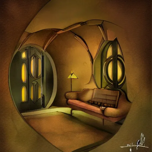 Image similar to art - deco interior of a hobbits house, digital art