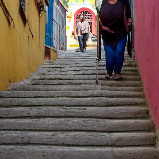 Prompt: an obese Indian woman with rollator climbing steps in Porto