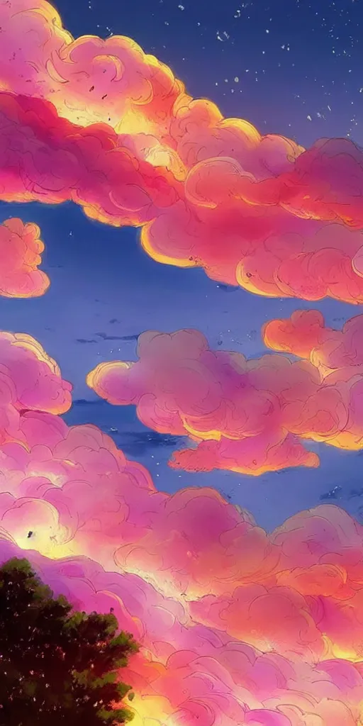 Prompt: A beautiful illustration of beautiful burning cloud in the evening sky, breathtaking clouds, The cloud is ethereal and mystical, and it seems to be glowing from within, buildings, trees, birds, iridescent, black, dark, pink, golden, red, orange, wide angle, by makoto shinkai, Wu daozi, very detailed, deviantart, 8k vertical wallpaper, tropical, colorful, airy, anime illustration, anime nature wallpap