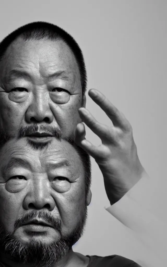 Prompt: Photography Portrait of Ai Wei wei looking angry into the camera showing his middle finger, blue soft light, 50 mm