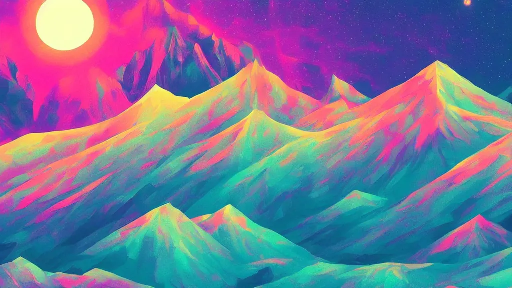 Image similar to a psychedelic illusion mountain scenery, moody, space, colorful, sun, artstation, digital art.